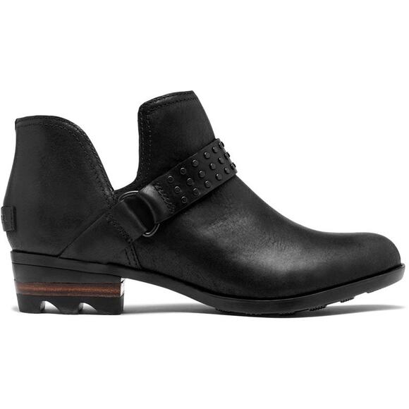 Sorel Lolla II Strap Stud Bootie Leather Cutout Ankle Slip On Suede Heel Black 7 - Picture 1 of 7